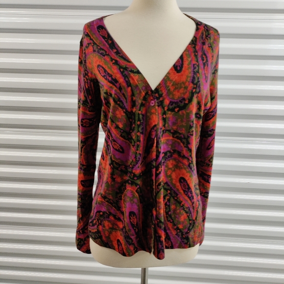 Talbots | Paisley Print Cardigan Sweater V-Neck Button Front - Womens Size Large - Picture 2 of 11